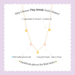 Tiny Jewels gold necklace with small yellow and pink stones on a white background with text about Tiny Jewels neck chains.