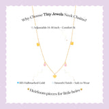 Tiny Jewels gold necklace with small yellow and pink stones on a white background with text about Tiny Jewels neck chains.