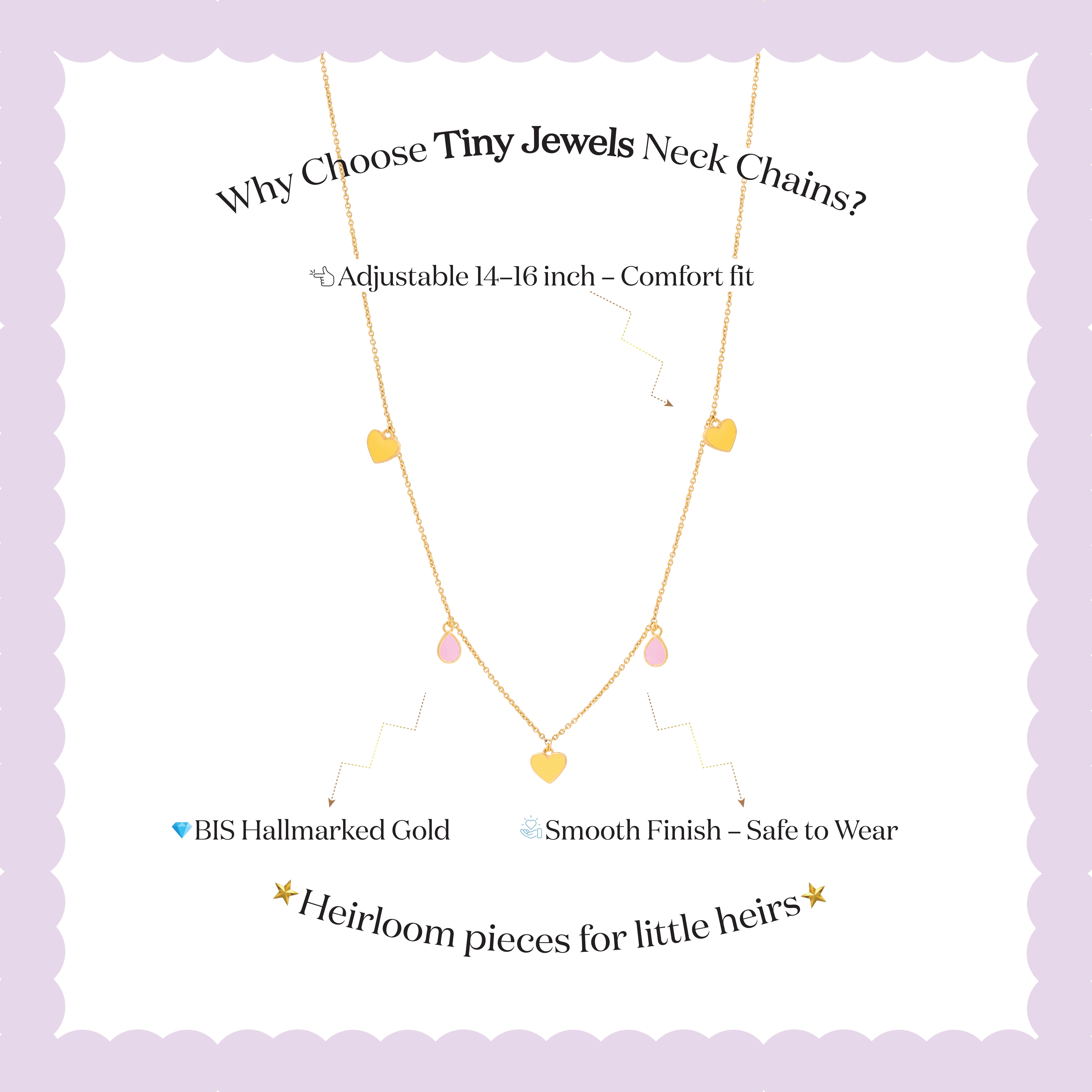 Tiny Jewels gold necklace with small yellow and pink stones on a white background with text about Tiny Jewels neck chains.