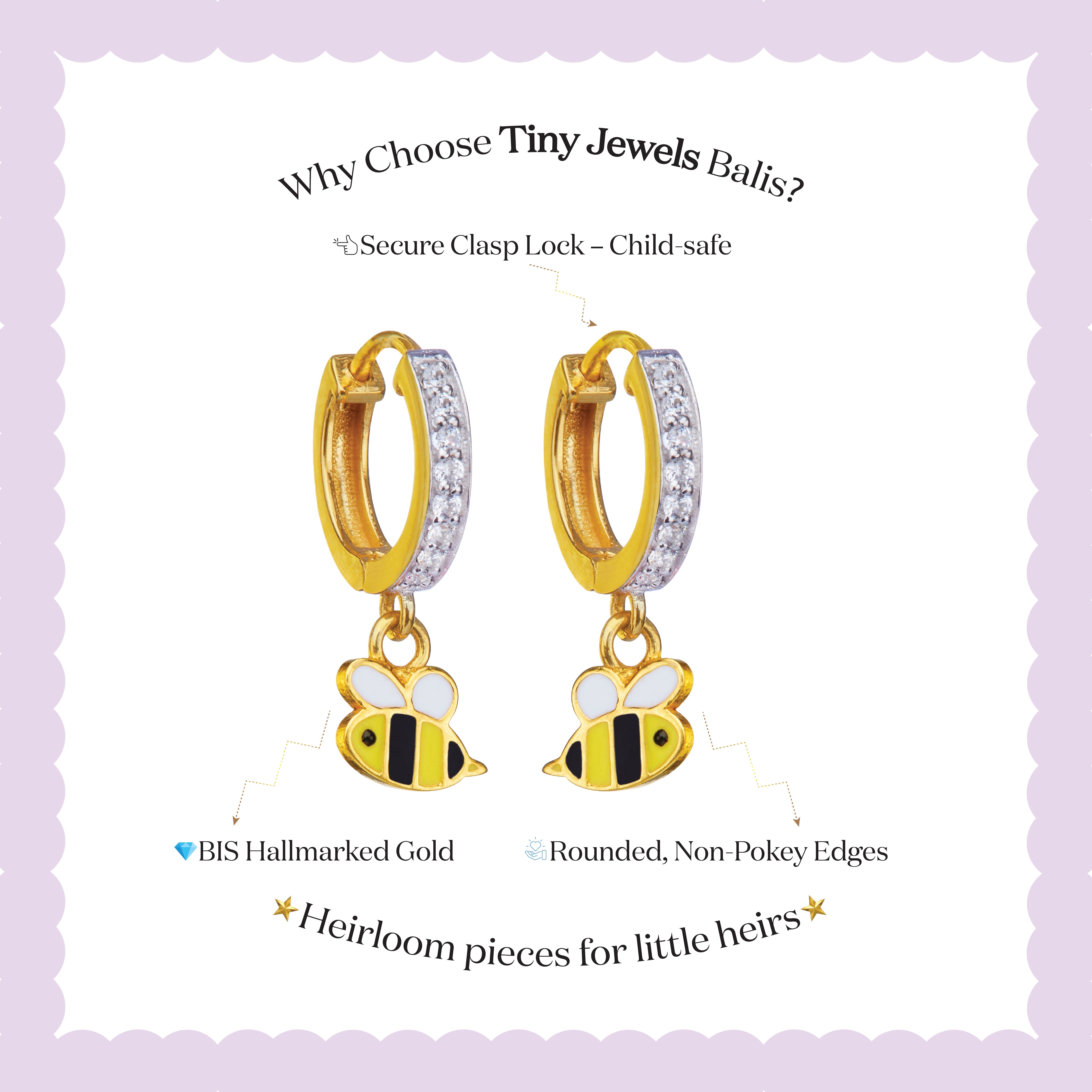 Tiny Jewels gold bee-shaped earrings with a purple background and text about Tiny Jewels Balis.