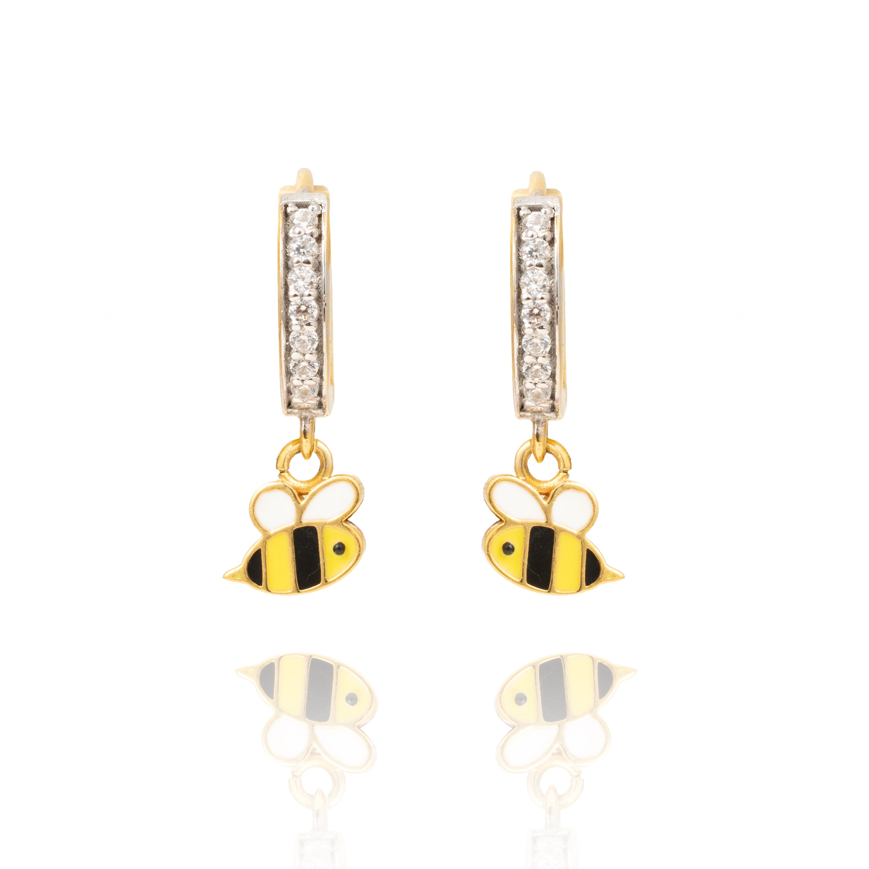 Tiny Jewels bee-shaped earrings with gold and black details on a white background