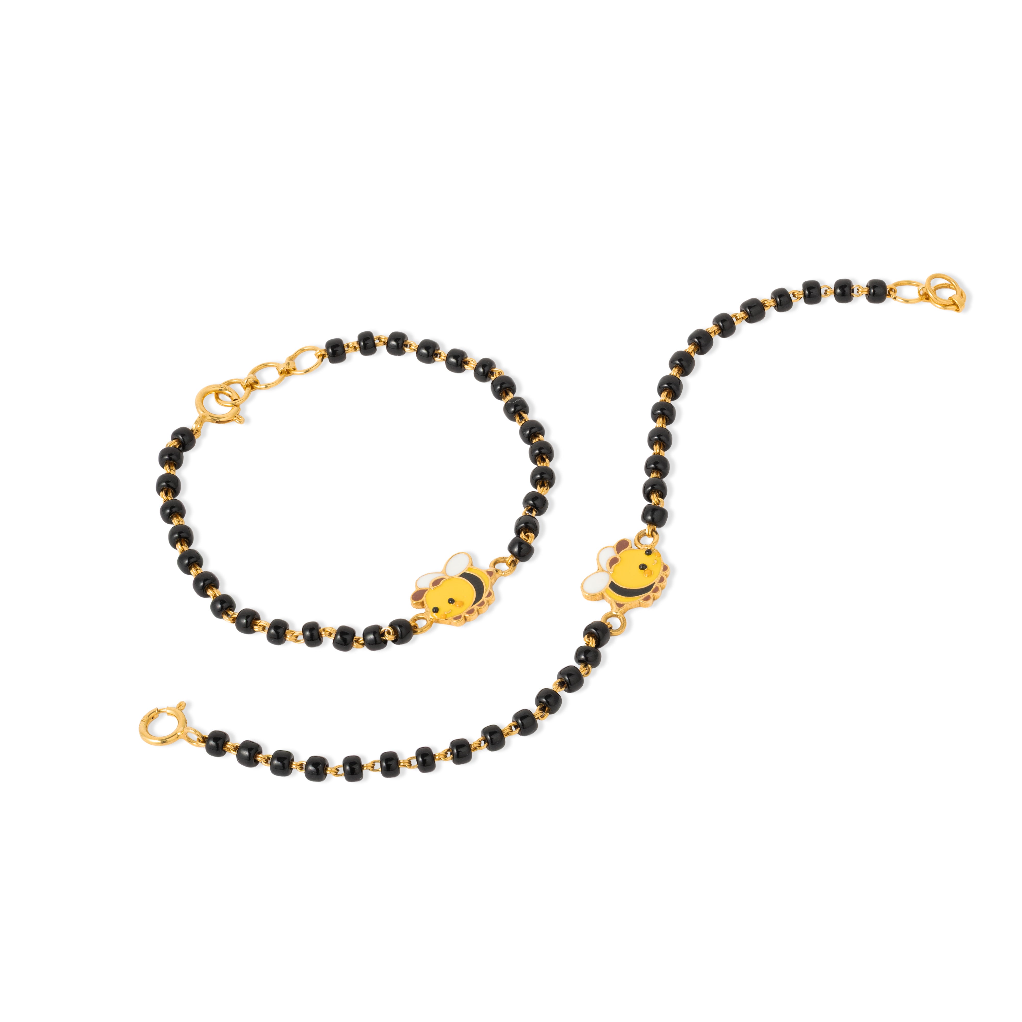 Tiny Jewels black beaded necklace with gold bee charms on a white background