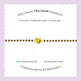 Tiny Jewels bracelet with a bee charm on a white background with promotional text about Tiny Jewels Nazariyas.