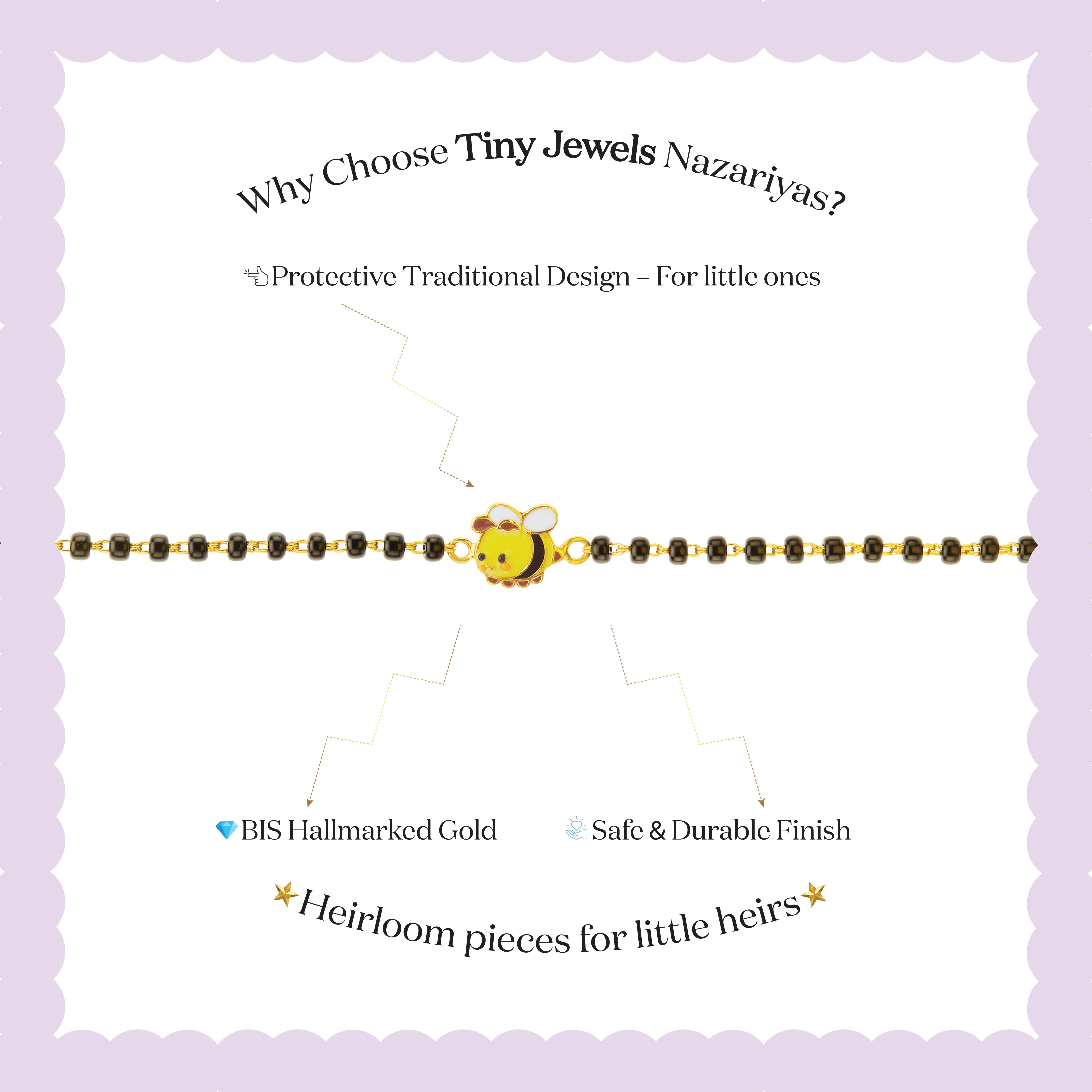 Tiny Jewels bracelet with a bee charm on a white background with promotional text about Tiny Jewels Nazariyas.