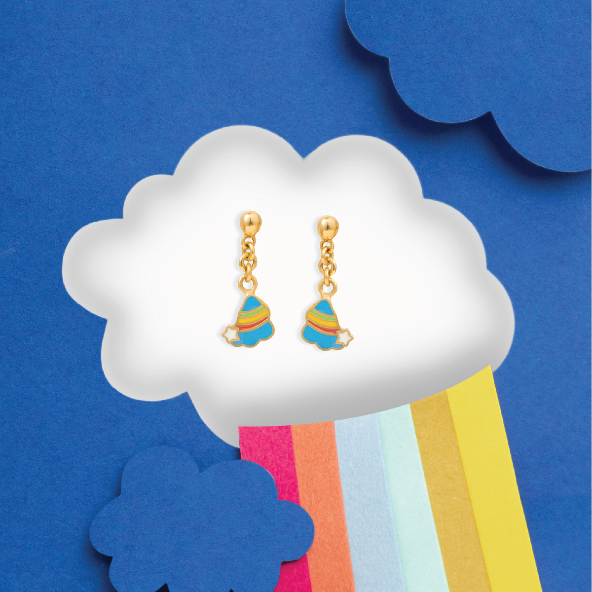 Tiny Jewels colorful earrings on a cloud with a blue background