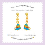 Tiny Jewels colorful earrings with gold hooks on a white background with text about 'Tiny Jewels Drops'.
