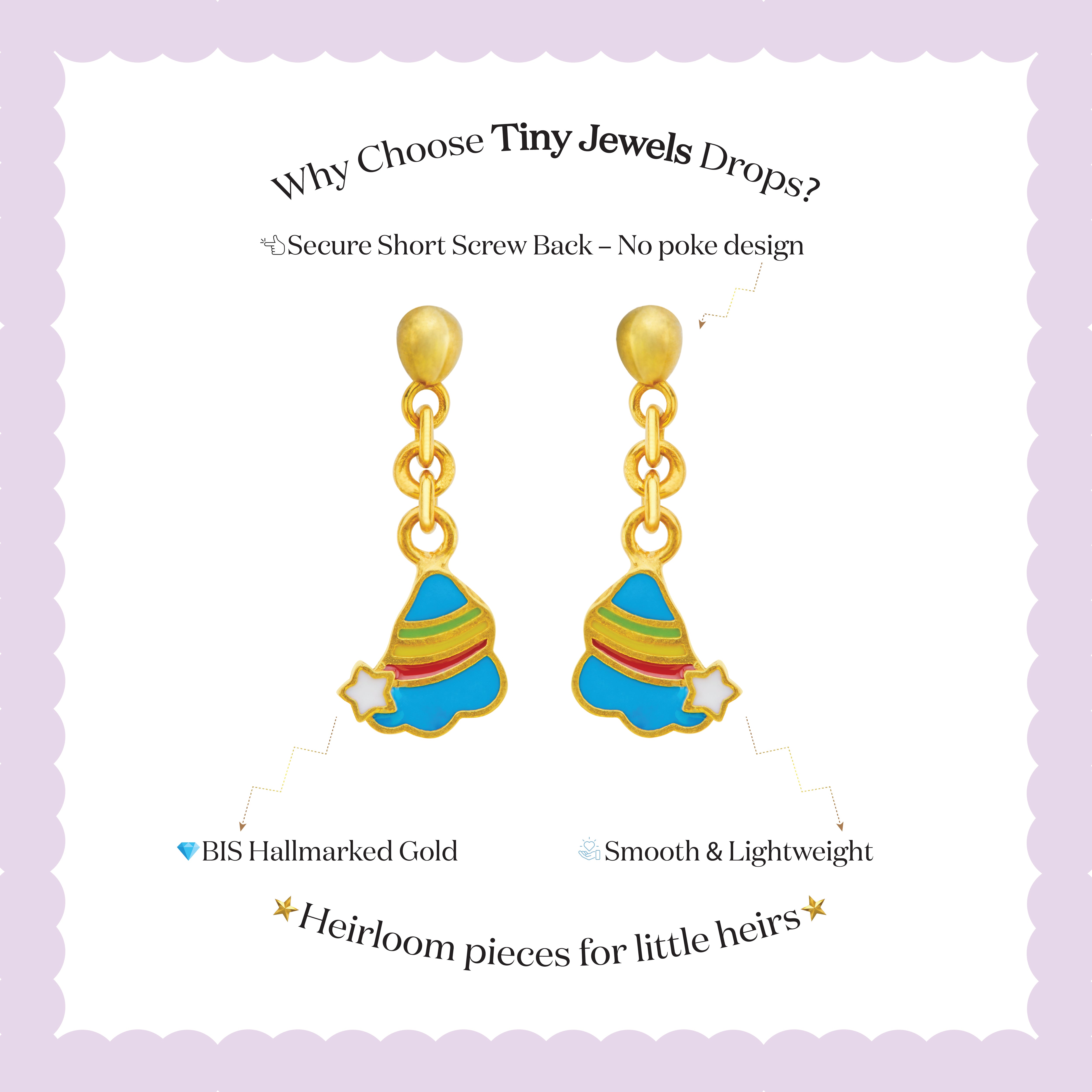 Tiny Jewels colorful earrings with gold hooks on a white background with text about 'Tiny Jewels Drops'.