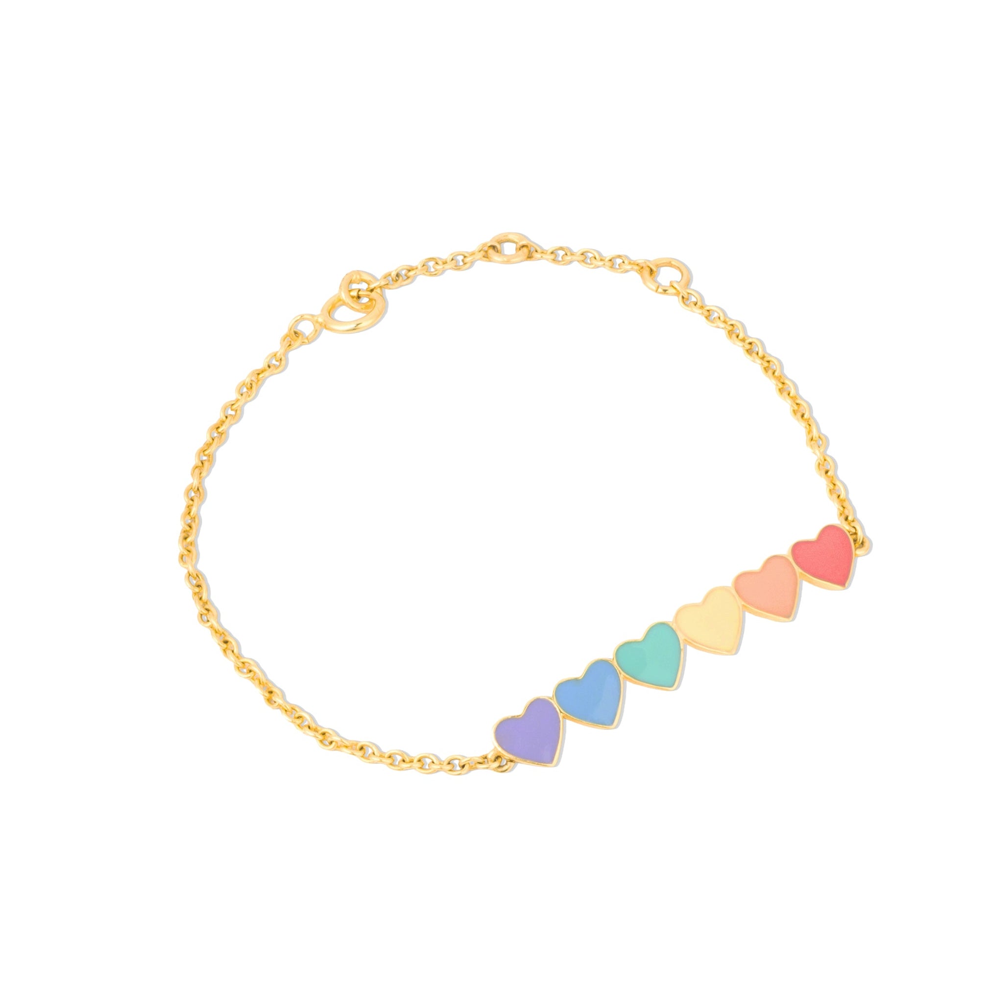 Tiny Jewels gold bracelet with colorful heart-shaped charms on a white background
