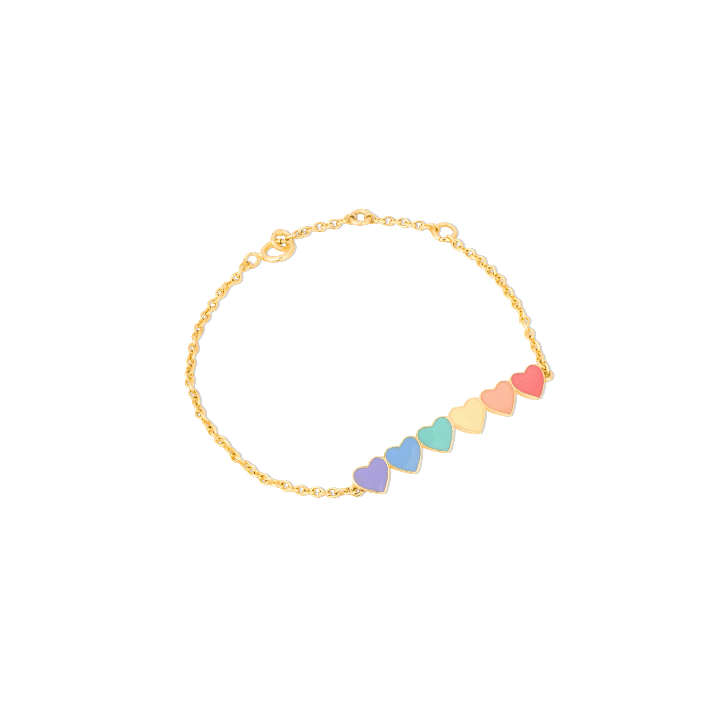 Tiny Jewels gold bracelet with colorful heart-shaped charms on a white background