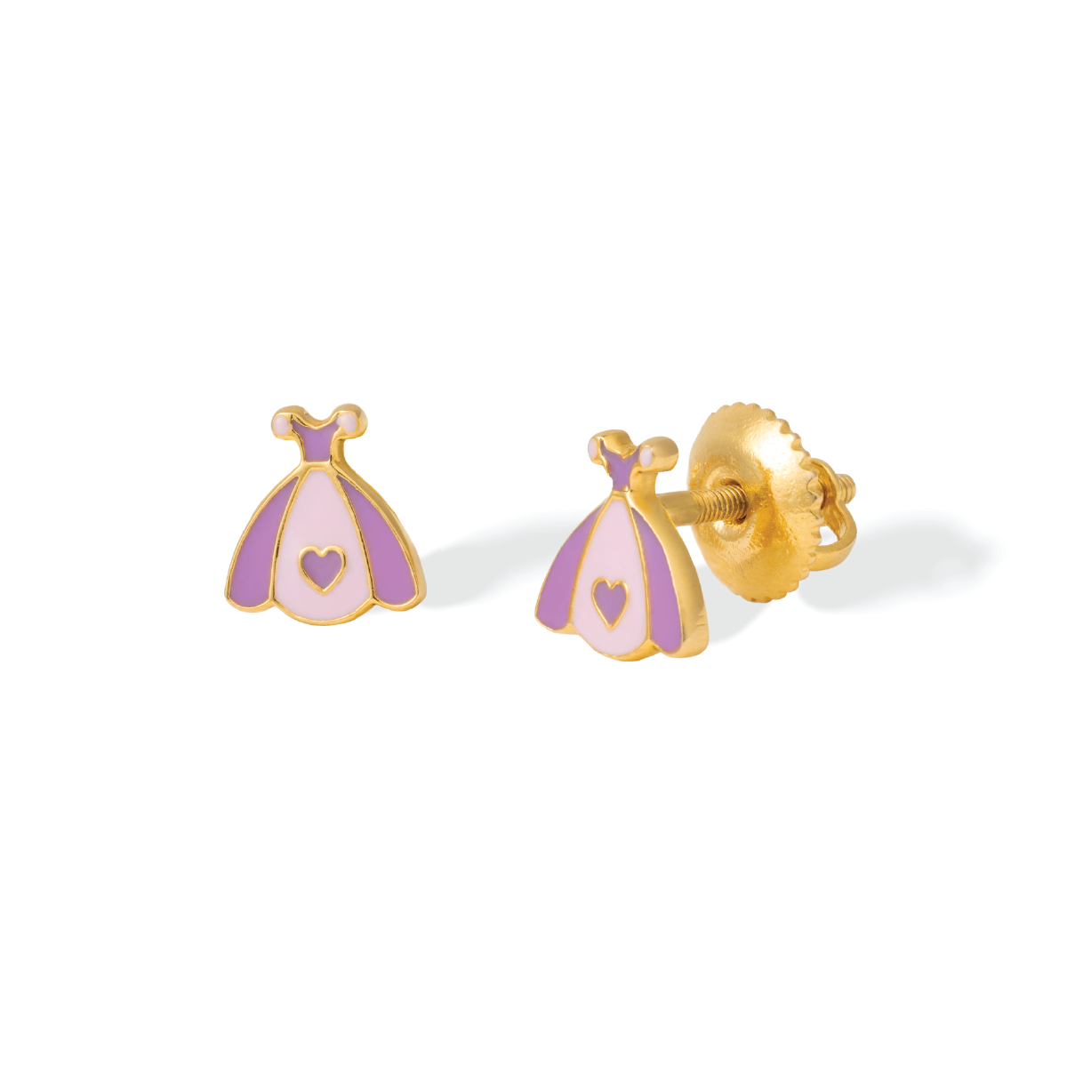 Tiny Jewels gold and purple dress-shaped earrings on a white background