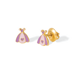 Tiny Jewels gold and purple dress-shaped earrings on a white background