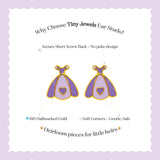 Tiny Jewels Illustration of purple and gold earrings with heart designs on a light purple background.