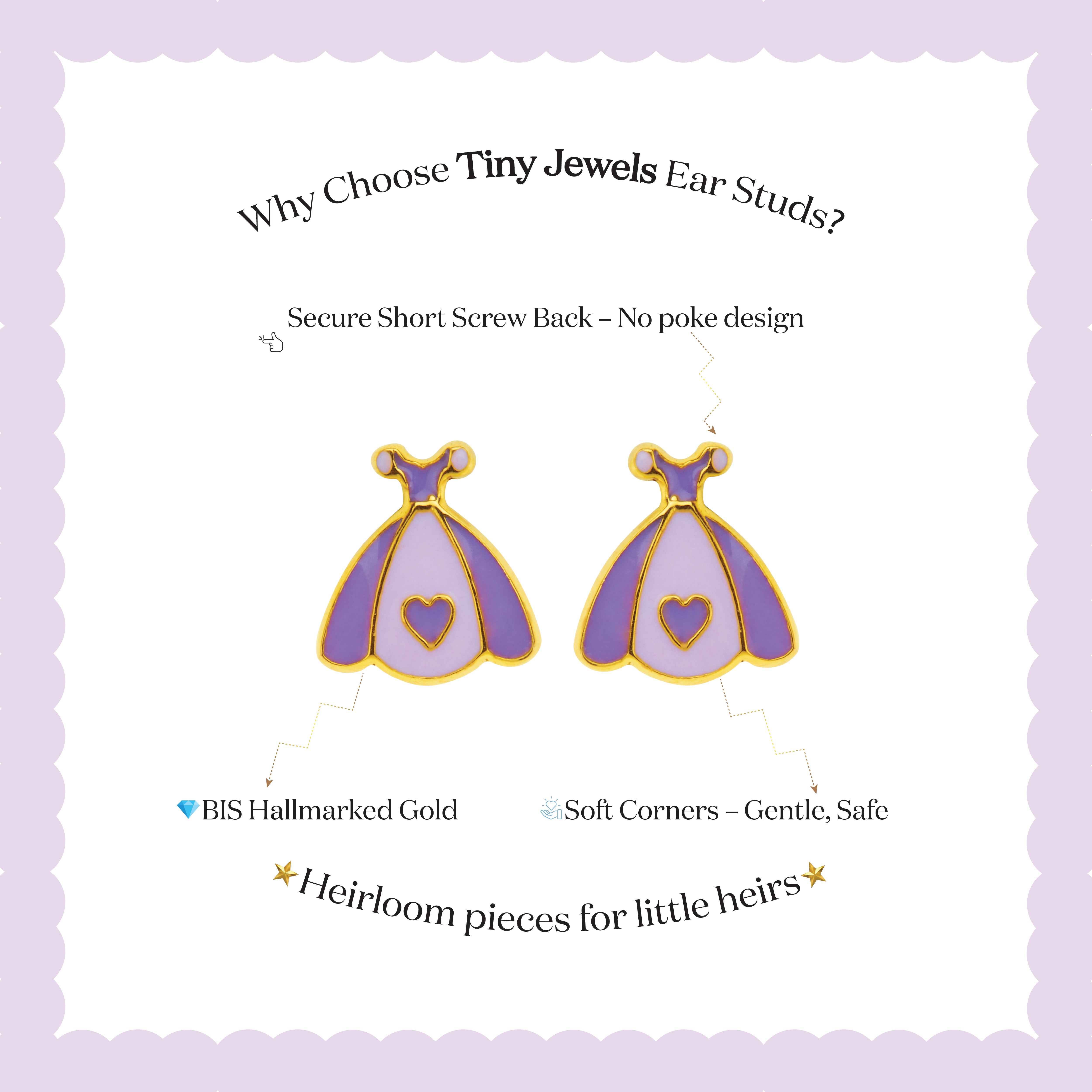 Tiny Jewels Illustration of purple and gold earrings with heart designs on a light purple background.