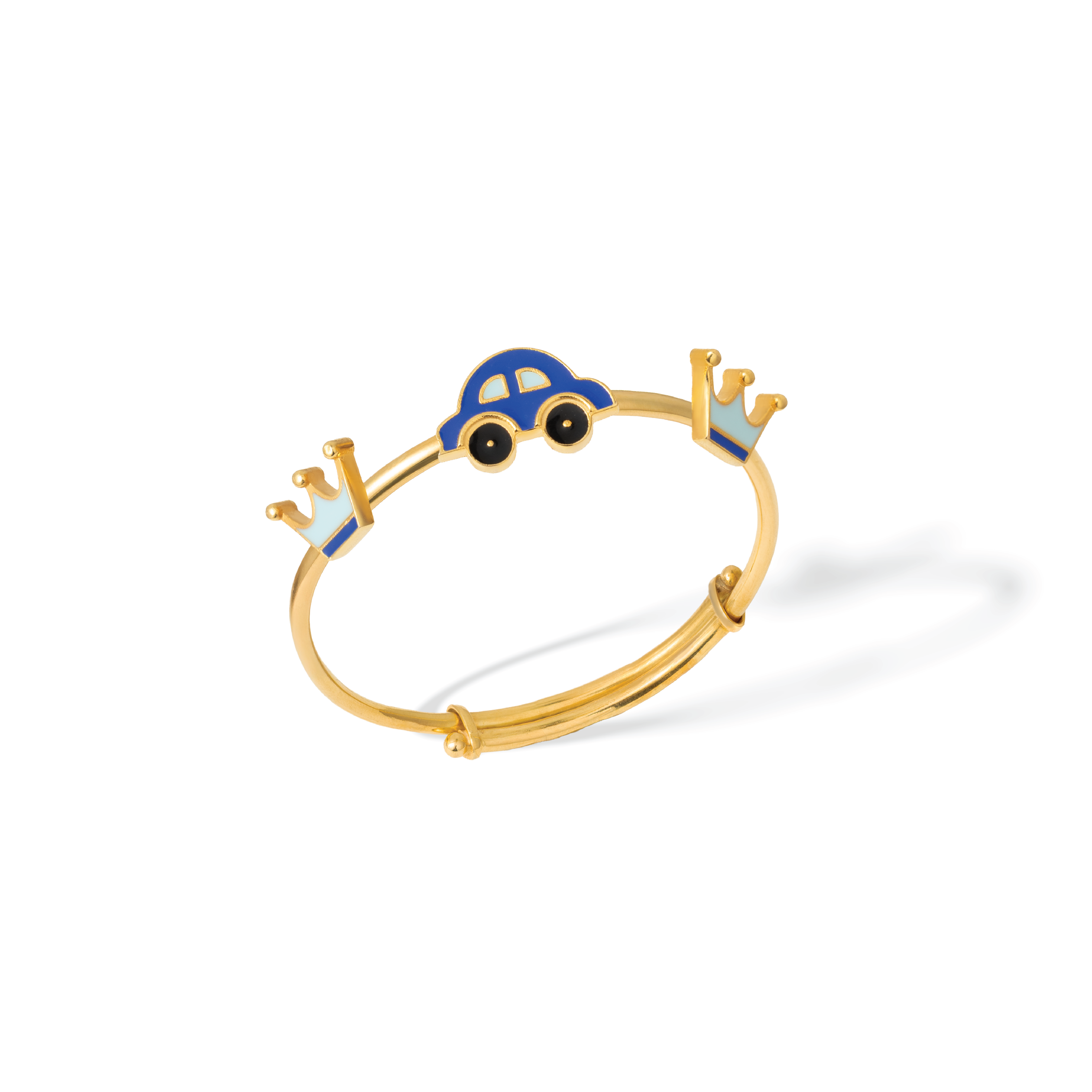 Tiny Jewels gold bracelet with blue car charm on a white background
