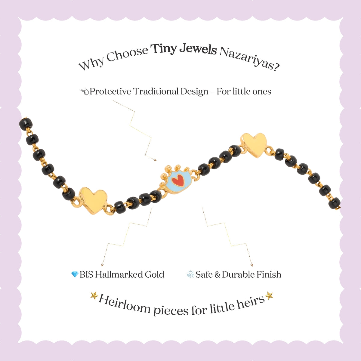 Tiny Jewels children's bracelet with gold and black beads on a light purple background, featuring text about Tiny Jewels Nazariyas.