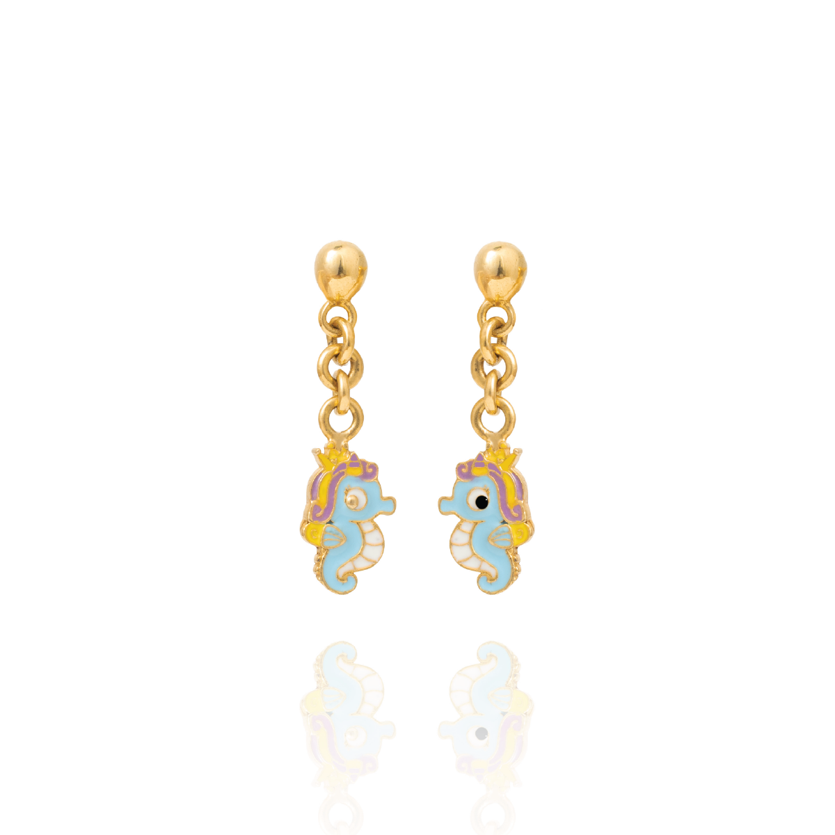 Tiny Jewels gold and blue seahorse-shaped earrings on a white background