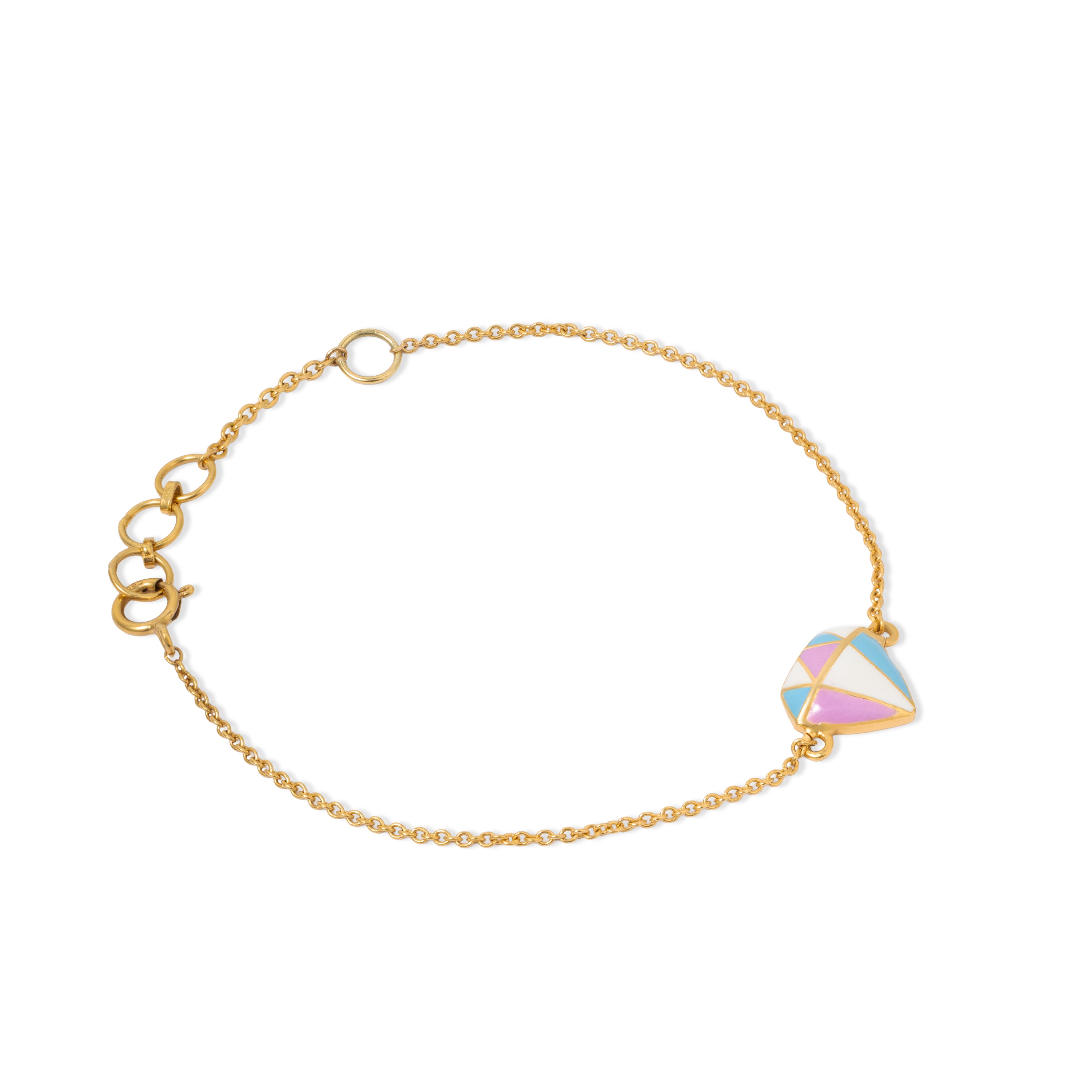 Tiny Jewels gold bracelet with a colorful heart-shaped clasp on a white background