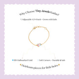 Tiny Jewels gold bracelet with colorful gemstones on a light purple background with text about Tiny Jewels Kadas.