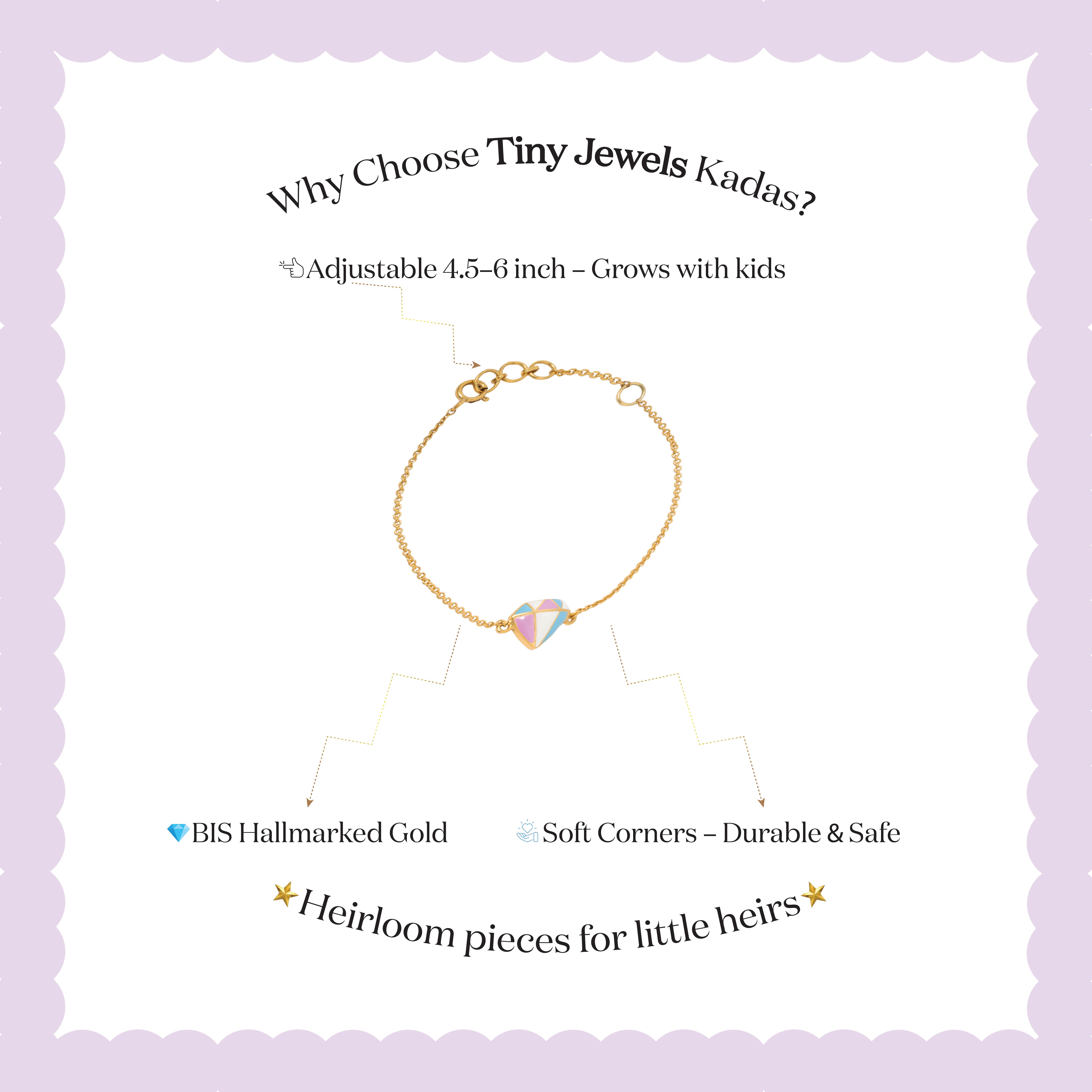 Tiny Jewels gold bracelet with colorful gemstones on a light purple background with text about Tiny Jewels Kadas.