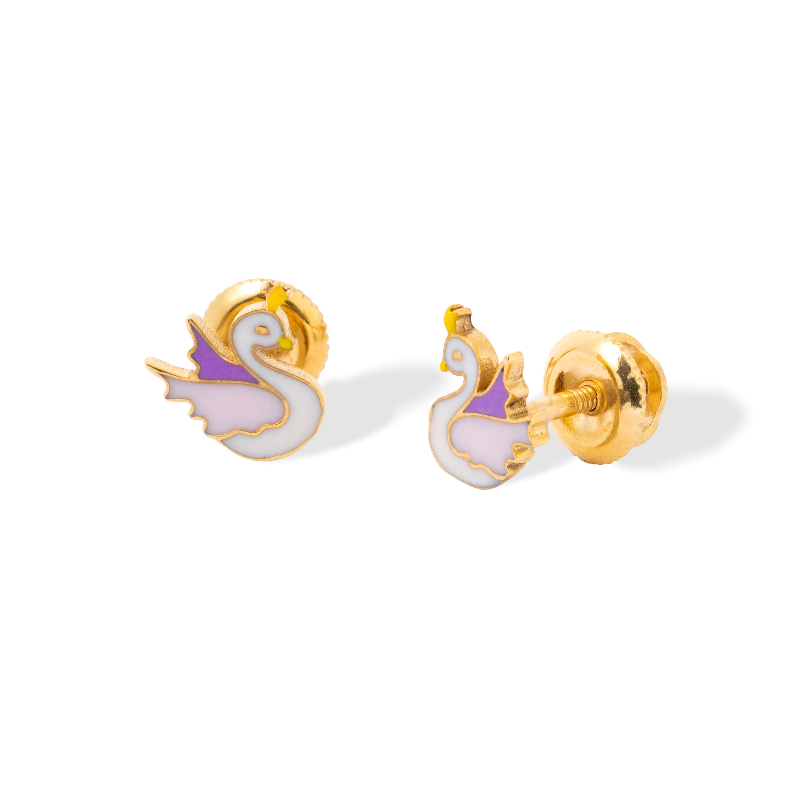 Tiny Jewels gold swan-shaped earrings on a white background