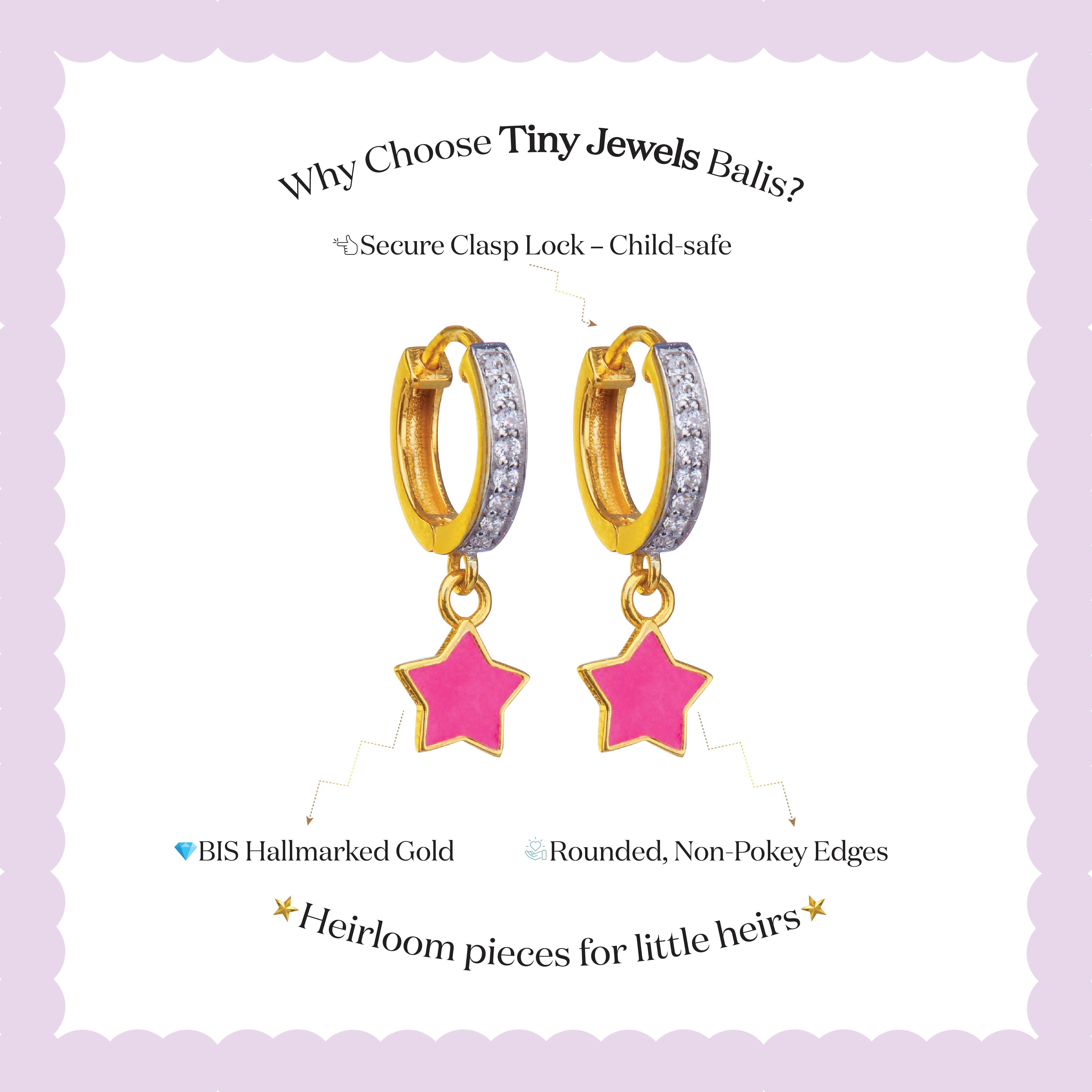 Tiny Jewels gold hoop earrings with pink star charms on a white background with text about Tiny Jewels Balis.
