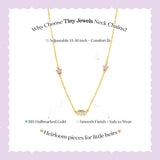Gold necklace with pink gemstones on a light purple background, featuring text about the product.