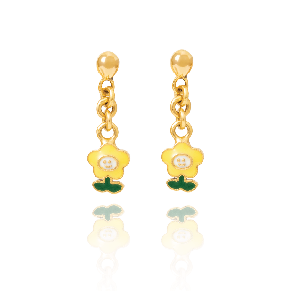 Tiny Jewels gold flower-shaped earrings with green leaves on a white background