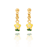 Tiny Jewels gold flower-shaped earrings with green leaves on a white background