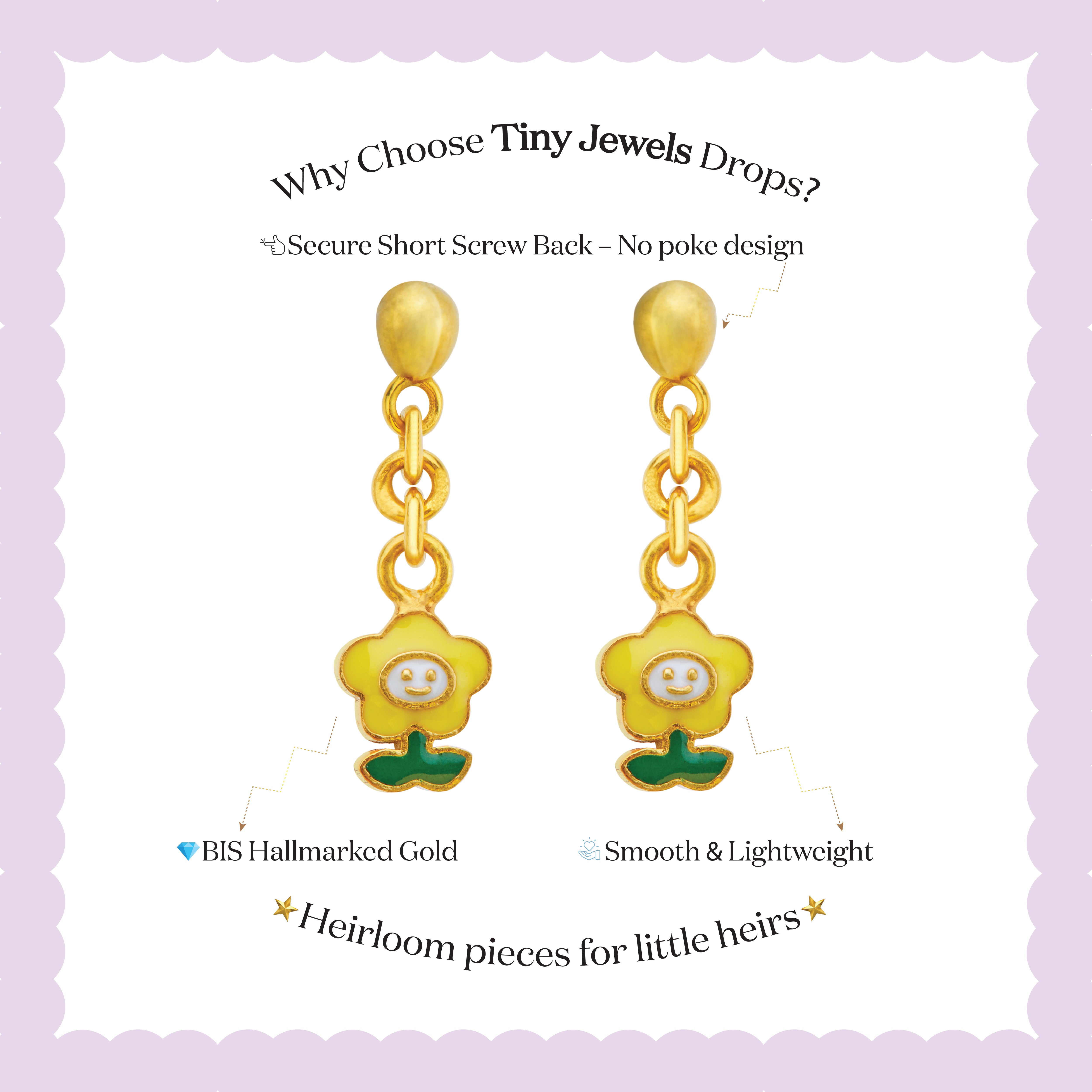 Tiny Jewels gold earrings with green bases on a white background with text about 'Tiny Jewels'.
