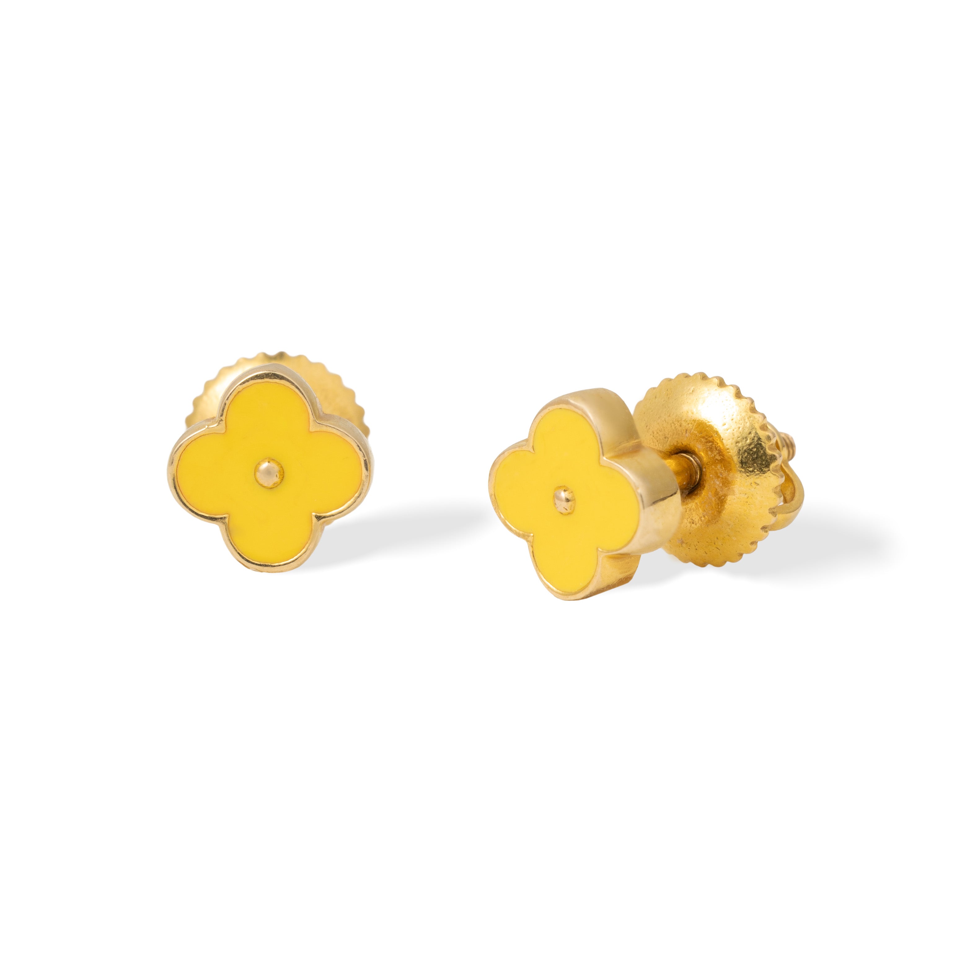 Tiny Jewels pair of yellow flower-shaped earrings on a white background
