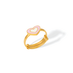 Tiny Jewels gold ring with a pink heart-shaped center on a white background