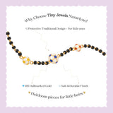 Tiny Jewels necklace with black, gold, and blue beads on a white background with promotional text about Tiny Jewels Nazariyas.