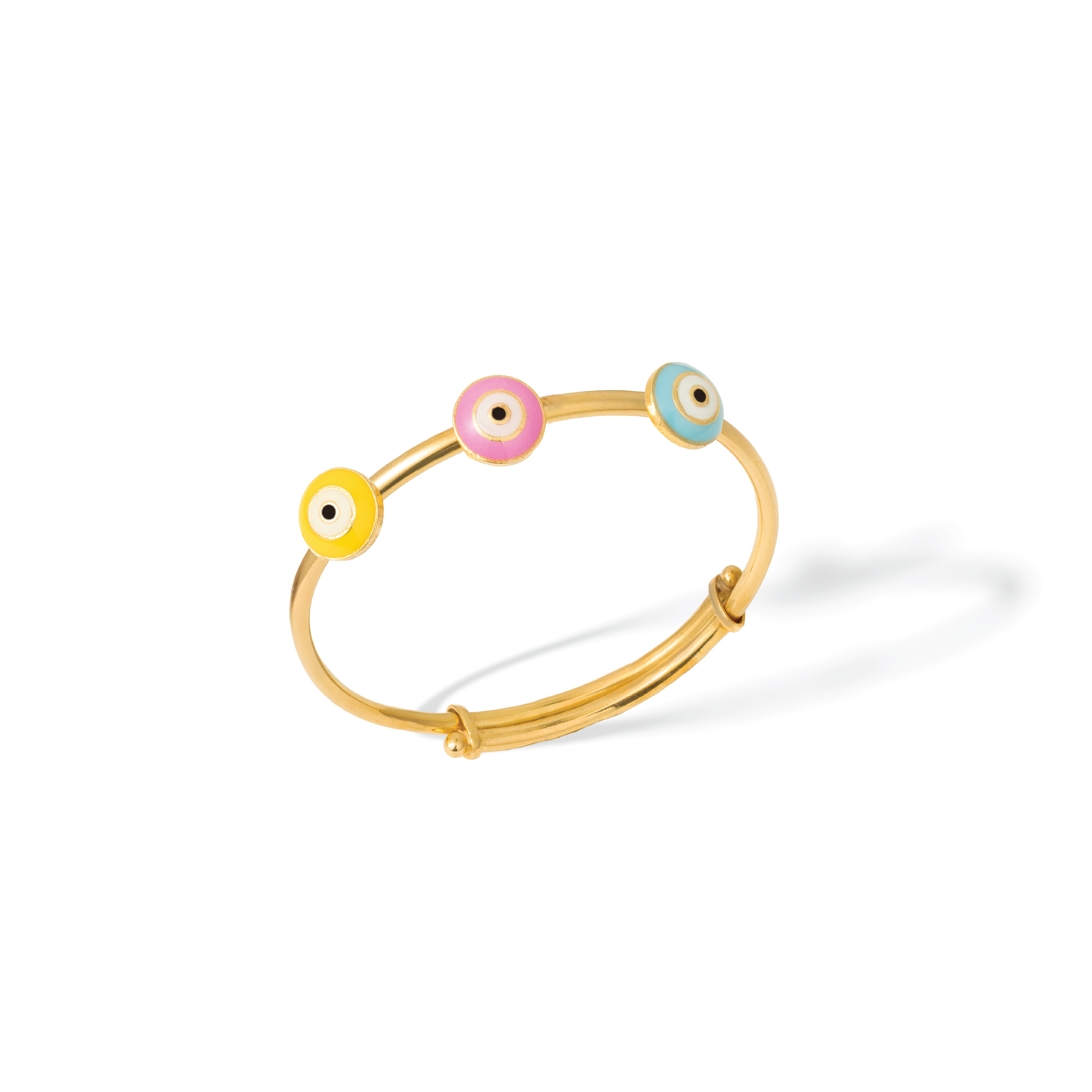 Tiny Jewels gold bracelet with colorful eye-shaped charms on a white background