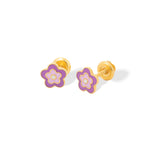 Tiny Jewels flower-shaped earrings with gold and purple details on a white background
