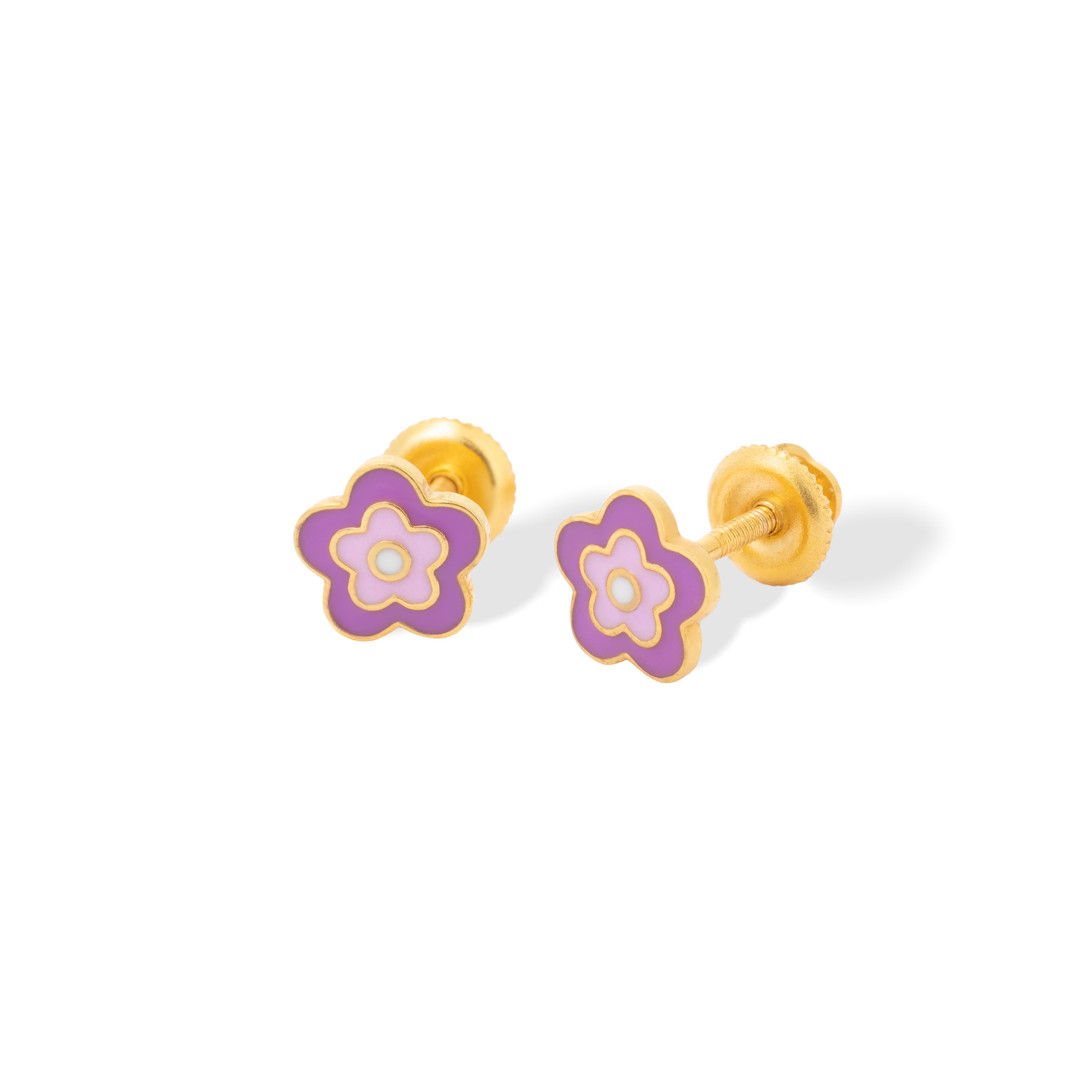 Tiny Jewels flower-shaped earrings with gold and purple details on a white background