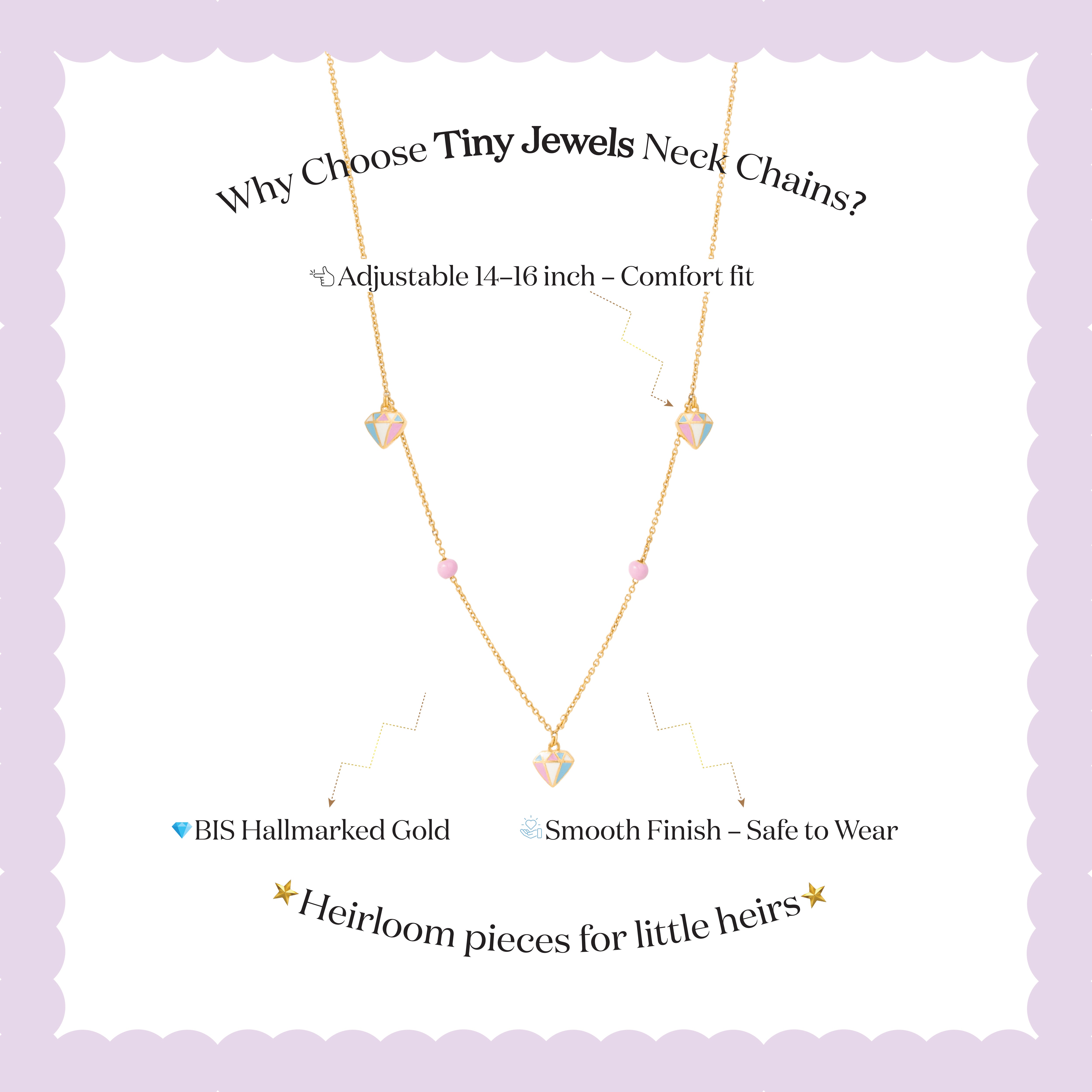 Tiny Jewels gold necklace with small colored stones on a light purple background with text about the necklace's features.