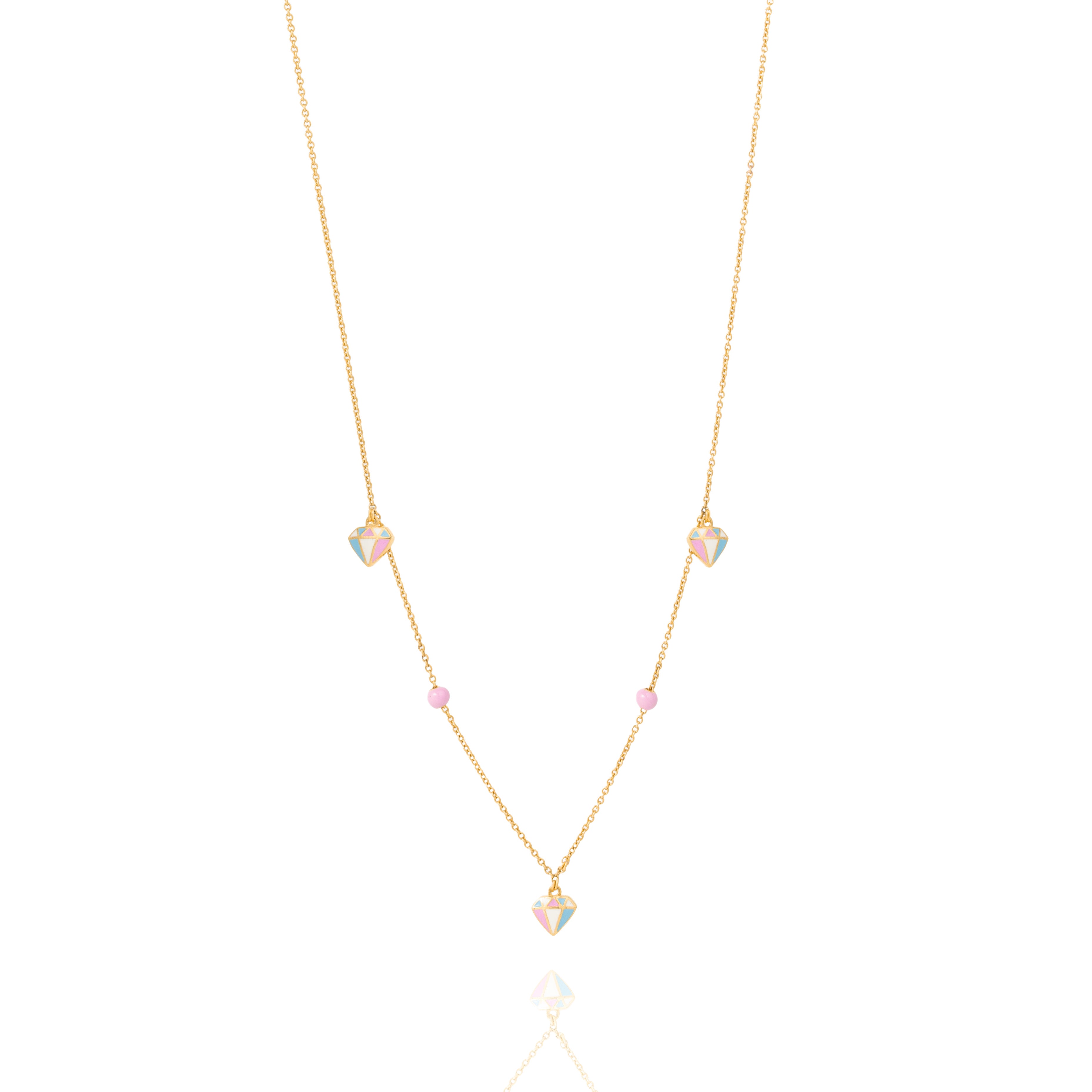Tiny Jewels gold necklace with heart-shaped pendants on a white background
