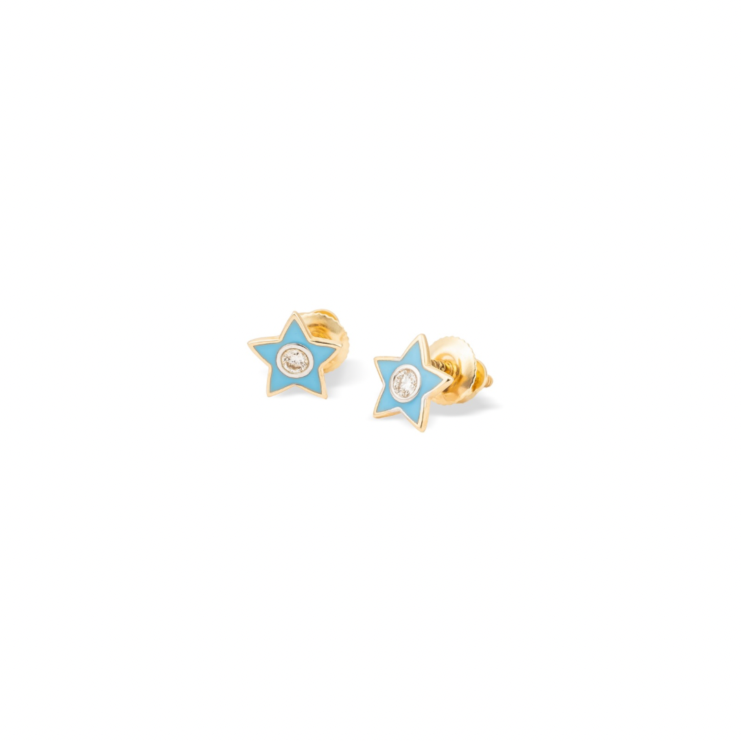 Tiny Jewels star-shaped earrings with blue accents and gold rims on a white background