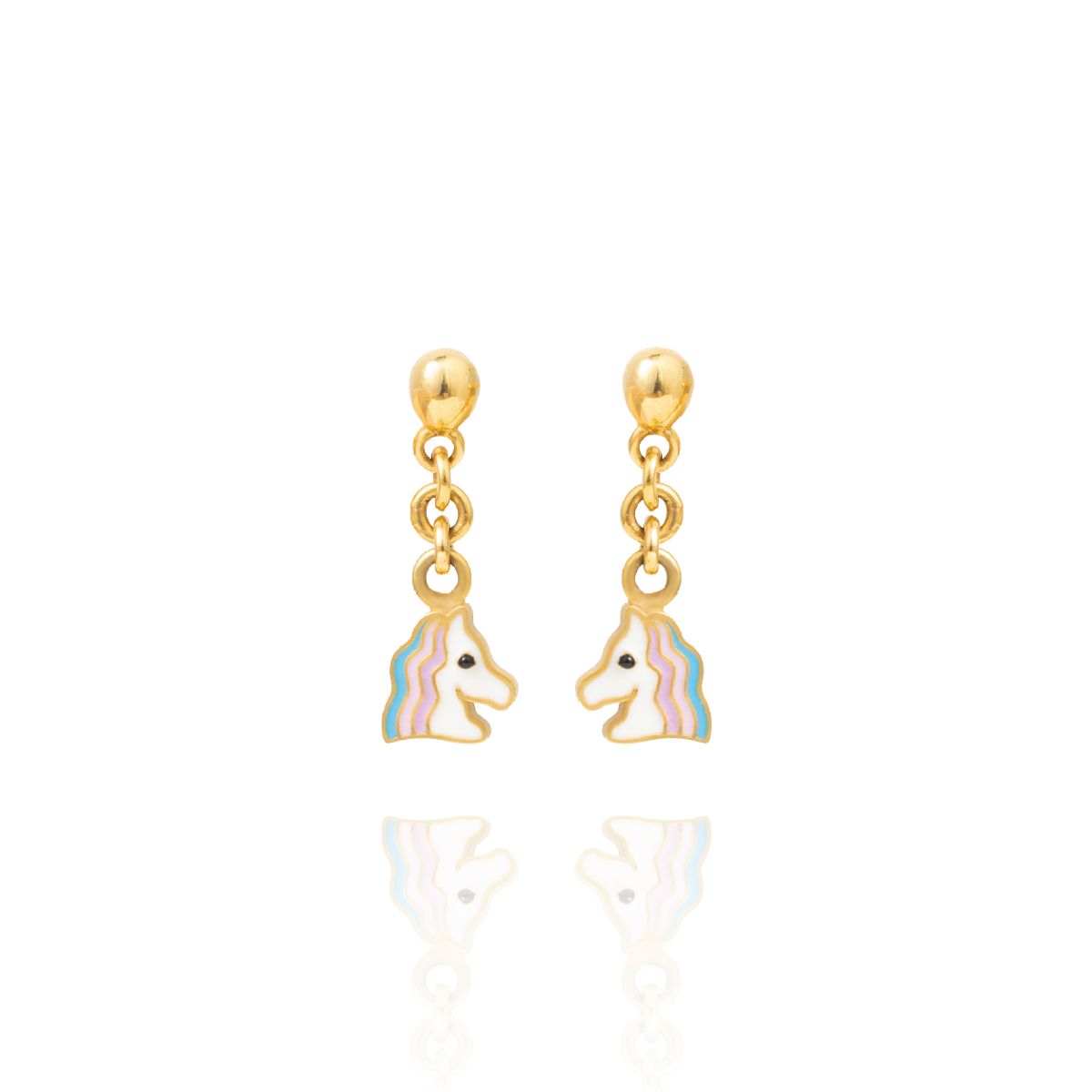 Tiny Jewels gold unicorn earrings on a white background