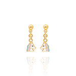 Tiny Jewels gold unicorn earrings on a white background