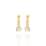 Tiny Jewels gold unicorn earrings on a white background