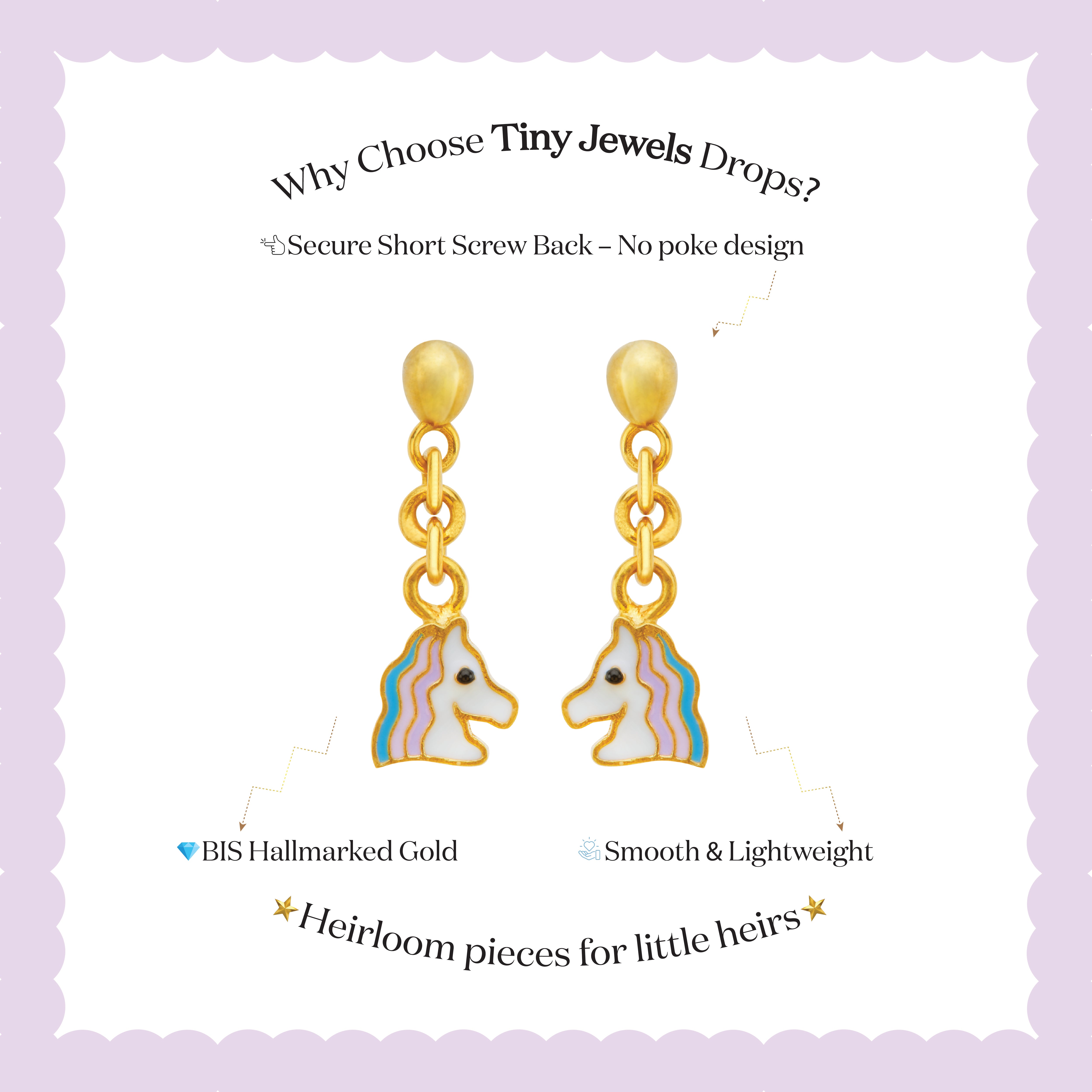 Tiny Jewels gold unicorn-shaped earrings on a white card with text about Tiny Jewels.