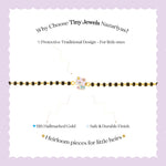 Tiny Jewels advertisement for Tiny Jewels Nazariyas children's bracelet on a light purple background