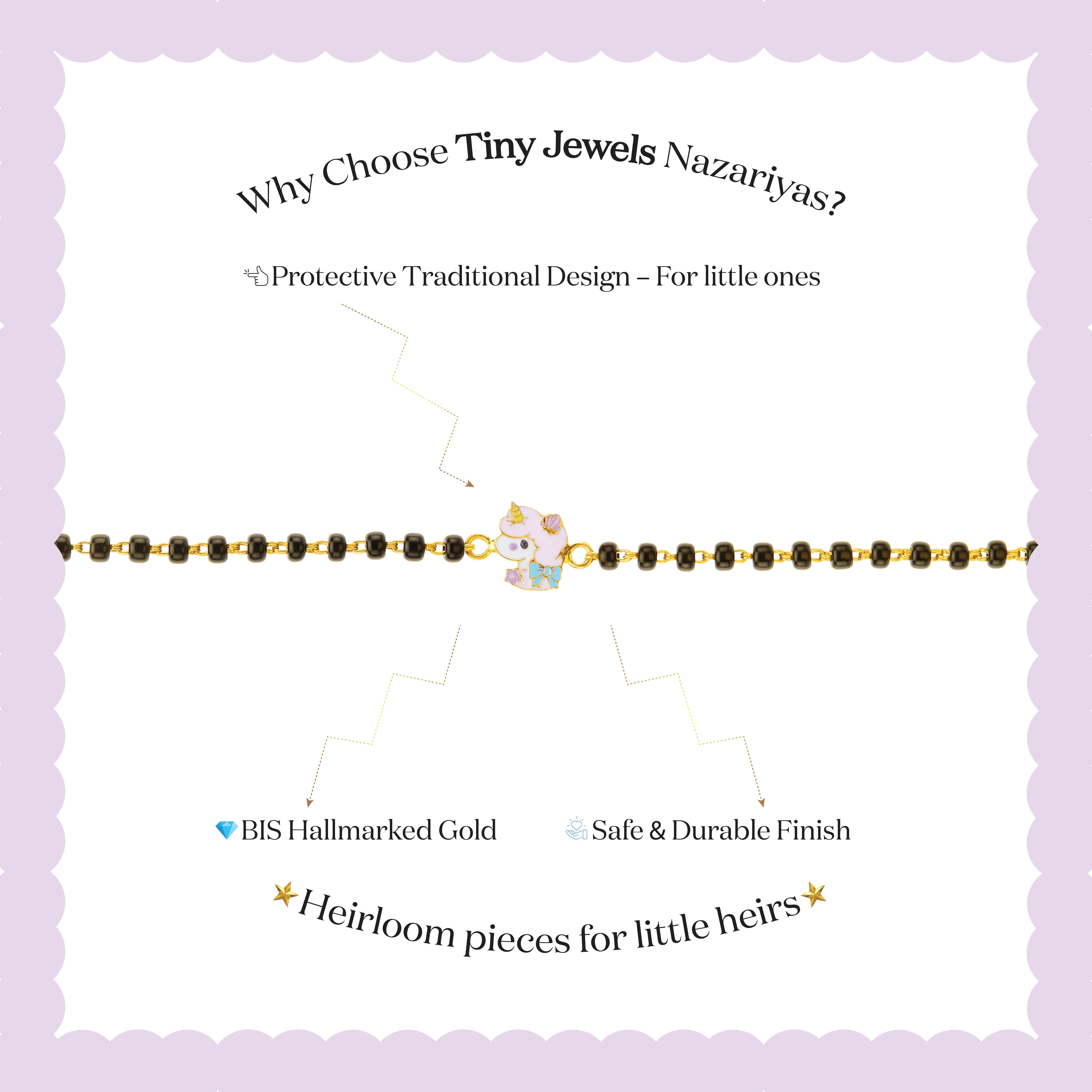Tiny Jewels advertisement for Tiny Jewels Nazariyas children's bracelet on a light purple background