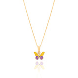 Tiny Jewels Butterfly pendant with gold frame, yellow wings, and purple body on a white background