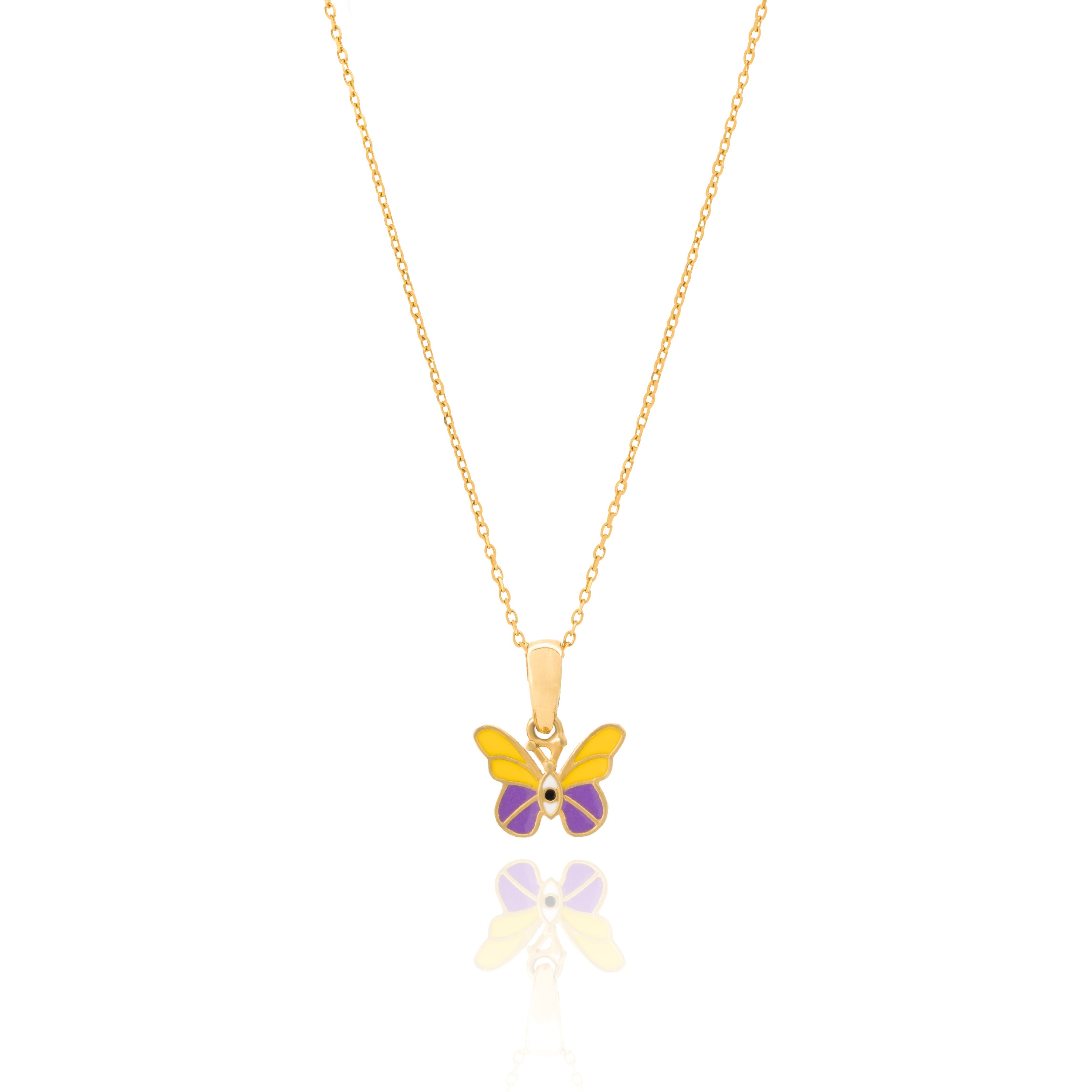 Tiny Jewels Butterfly pendant with gold frame, yellow wings, and purple body on a white background