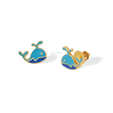 Tiny Jewels pair of blue whale-shaped earrings on a white background