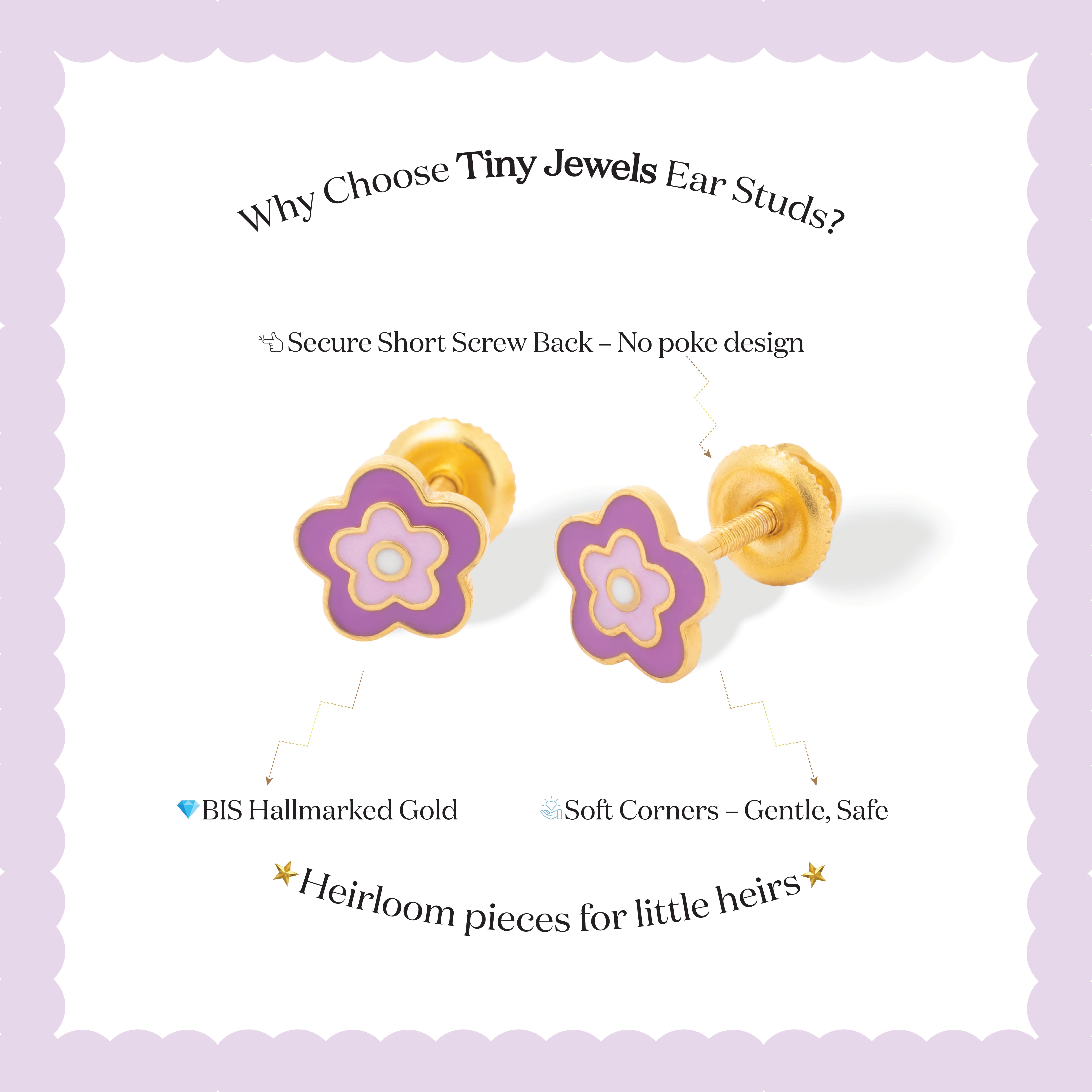 Tiny Jewels flower-shaped gold and purple ear studs on a white background with text about the product.