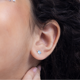 Tiny Jewels close-up of an ear wearing a blue star-shaped earring.