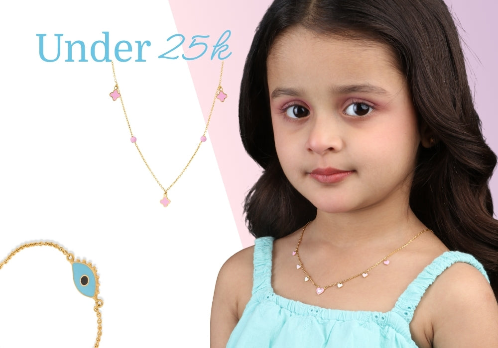 Young girl wearing a necklace with jewelry items under Rs. 25000 displayed on a pink background.